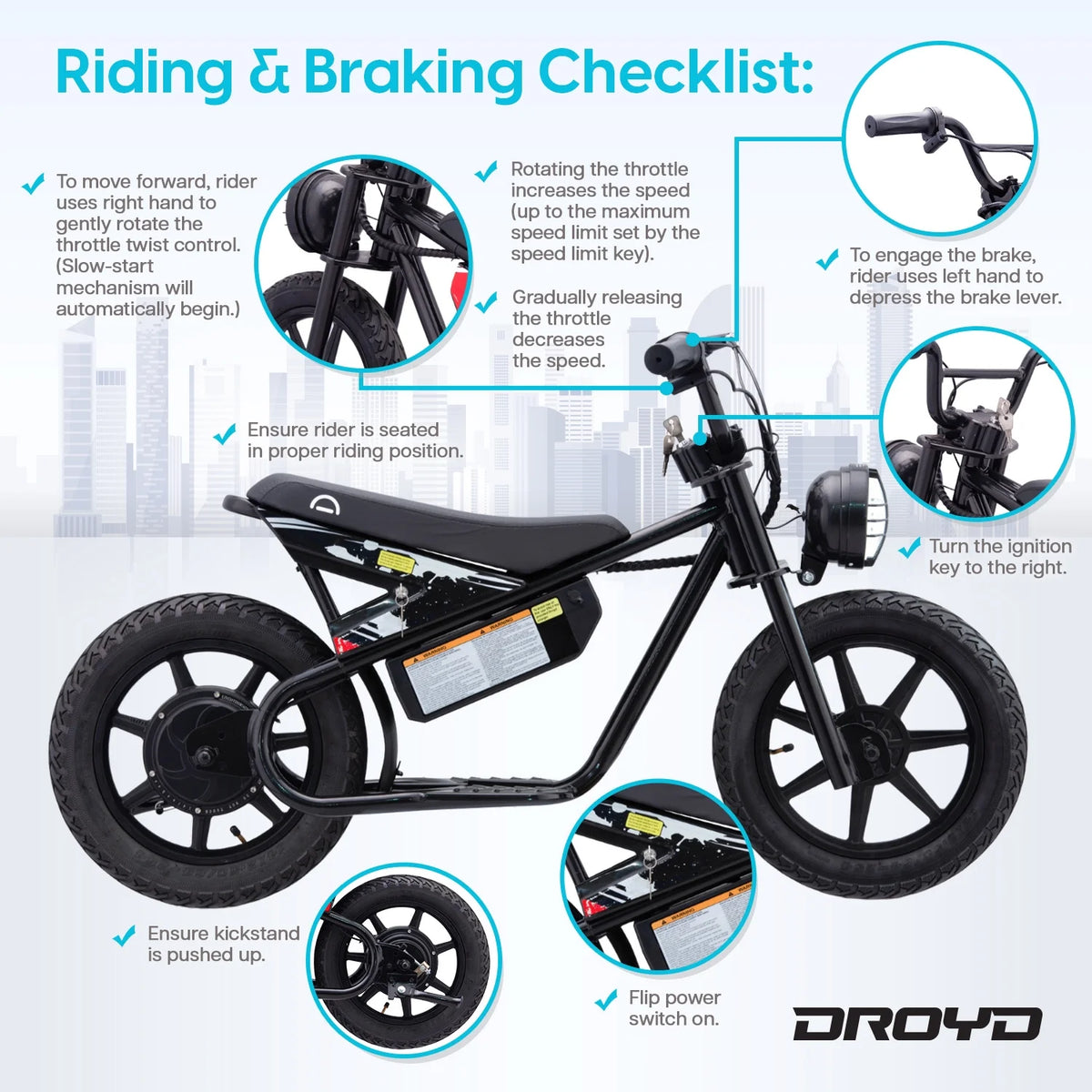 Droyd Weeler Electric Mini Bike - 24V 8ah Battery, 6 - 10 MPH, up to 8 Miles, LED Lights, Kids Ages 6+ - Product image 26