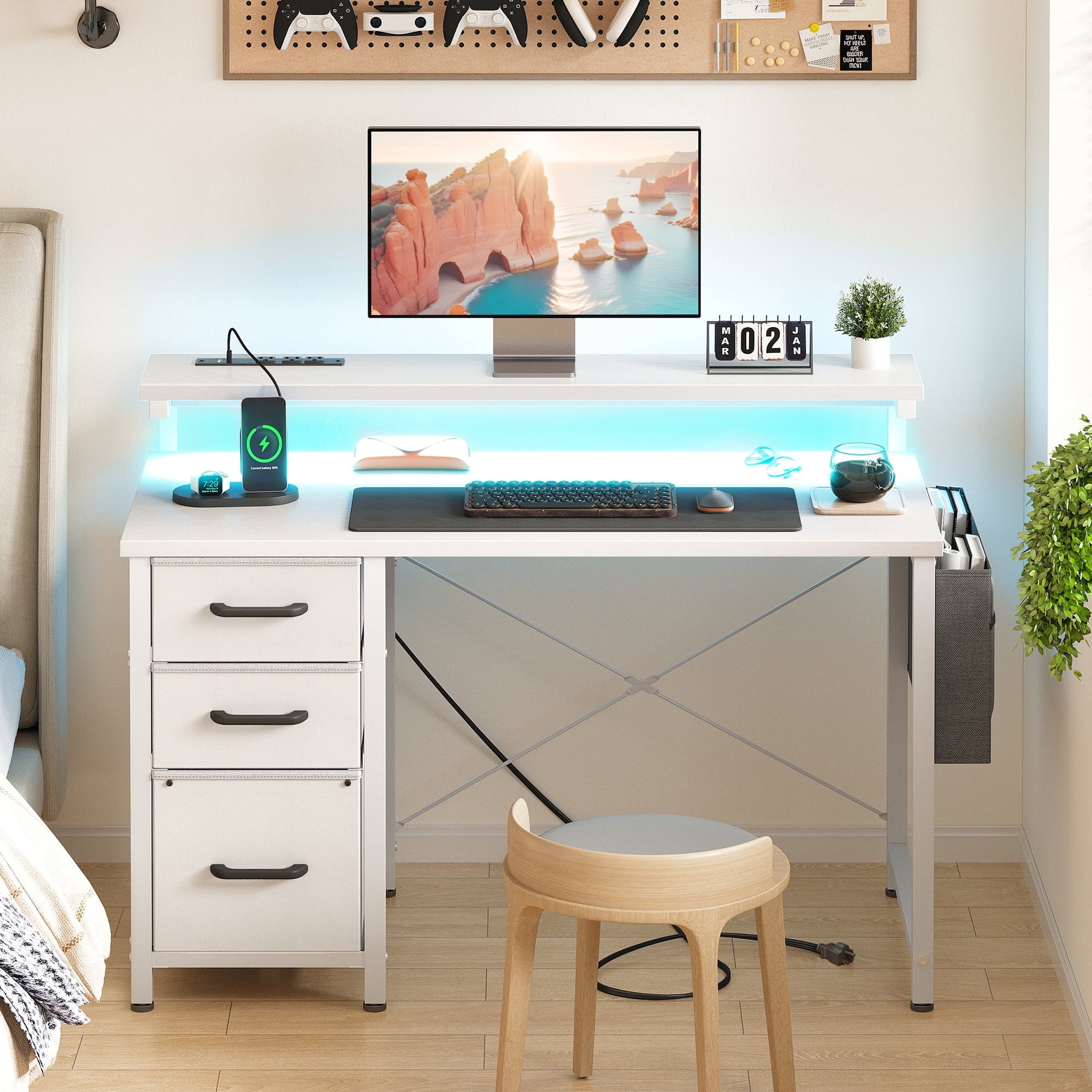 40 in Computer Desk with Power Outlets & LED Lights, Home Office Desk with 3 Drawers & Adjustable Monitor - Product image 25
