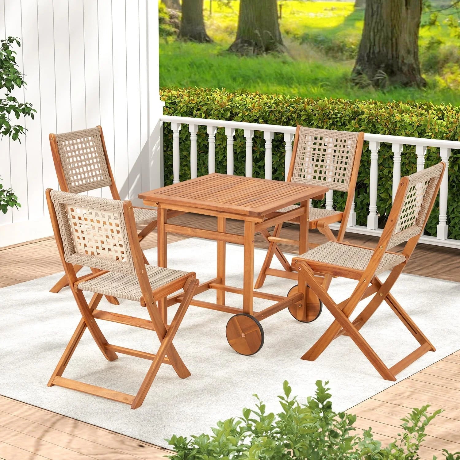 AECOJOY 5 Piece Outdoor Patio Dining Set, Acacia Wood Outdoor Table and Chairs with Wheels - Product image 8