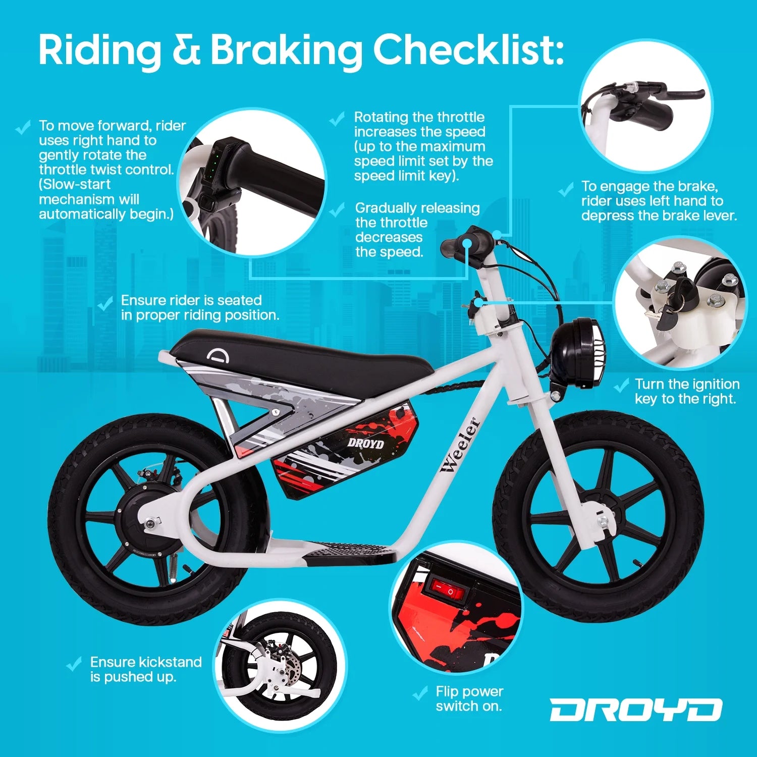 Droyd Weeler Electric Mini Bike - 24V 8ah Battery, 6 - 10 MPH, up to 8 Miles, LED Lights, Kids Ages 6+ - Product image 5