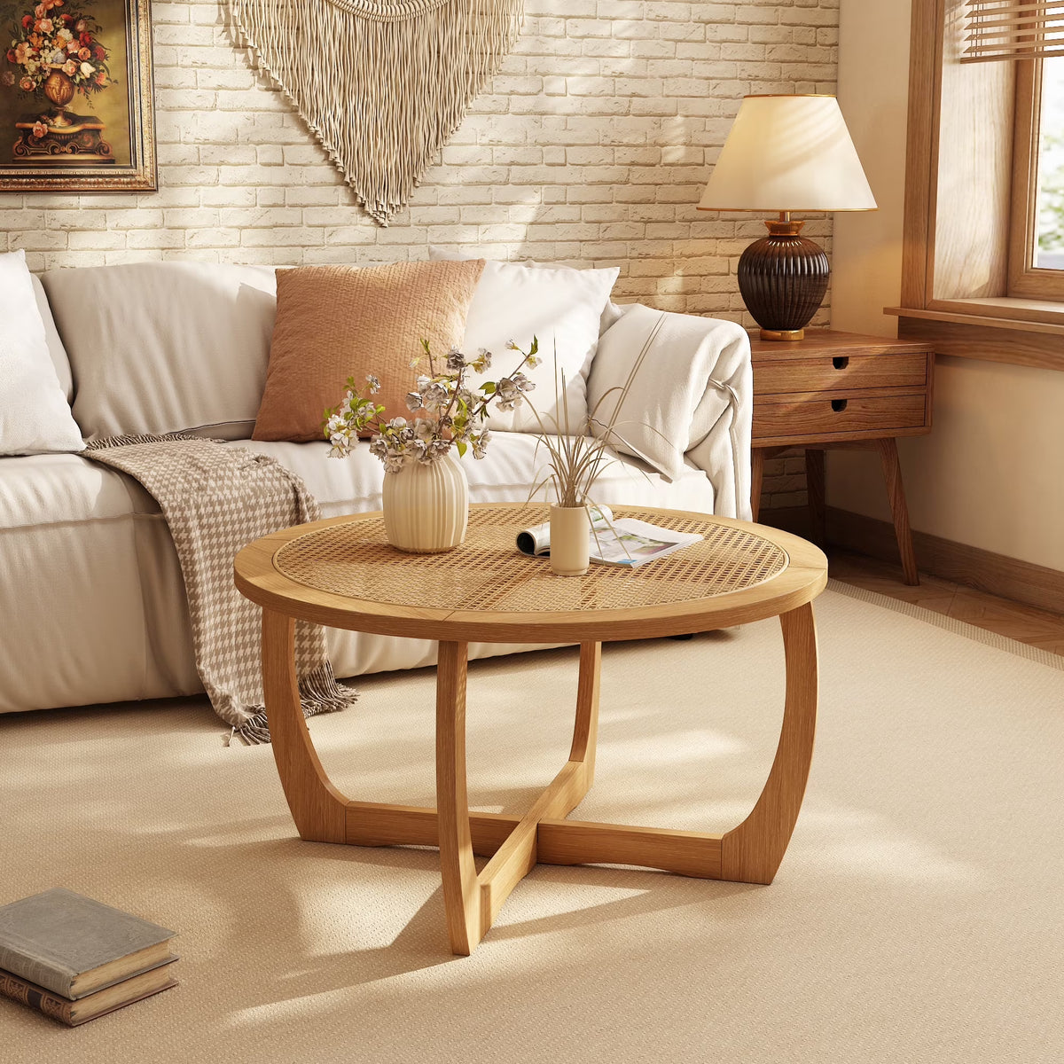 Round Wood Coffee Table with Glass Rattan Top, Wooden Circle Center Table with Curved Legs & Removeable - Product image 5