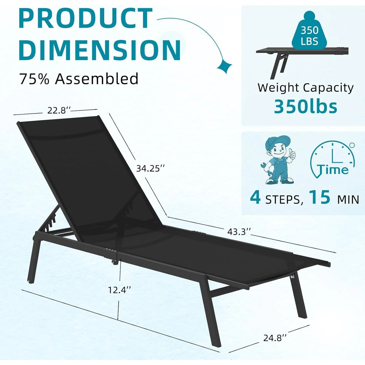 AECOJOY Patio Lounge Chairs, Outdoor Chaise Lounge with Wheels, Black - Product image 3