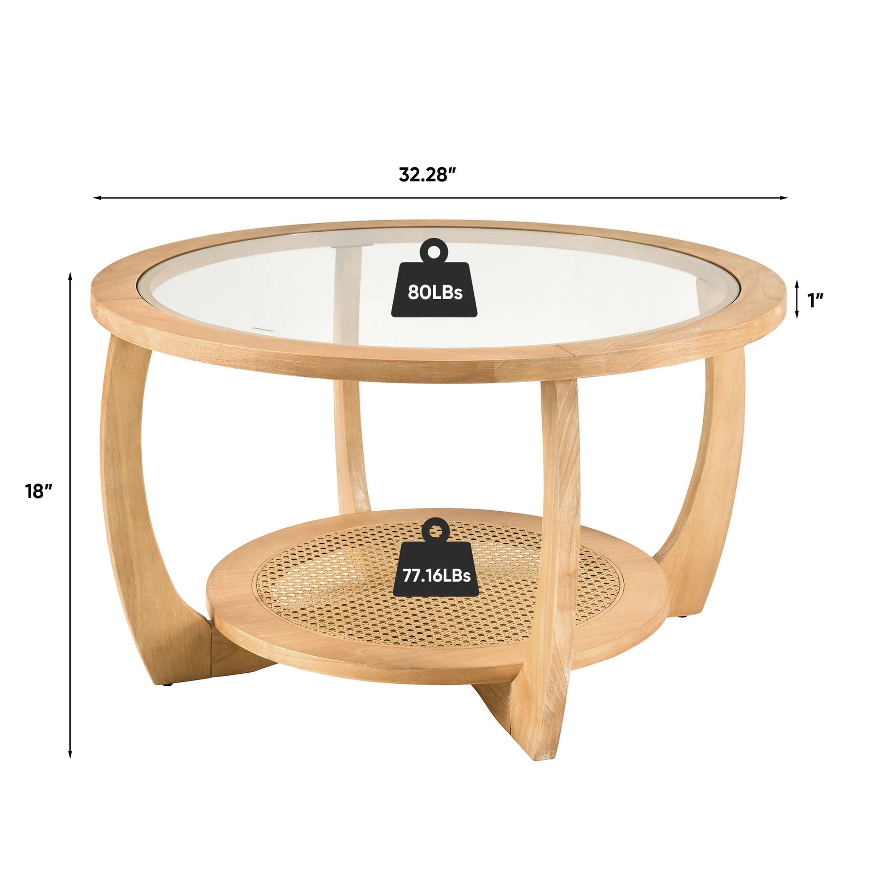 Round Wood Coffee Table with Glass Rattan Top, Wooden Circle Center Table with Curved Legs & Removeable - Product image 12