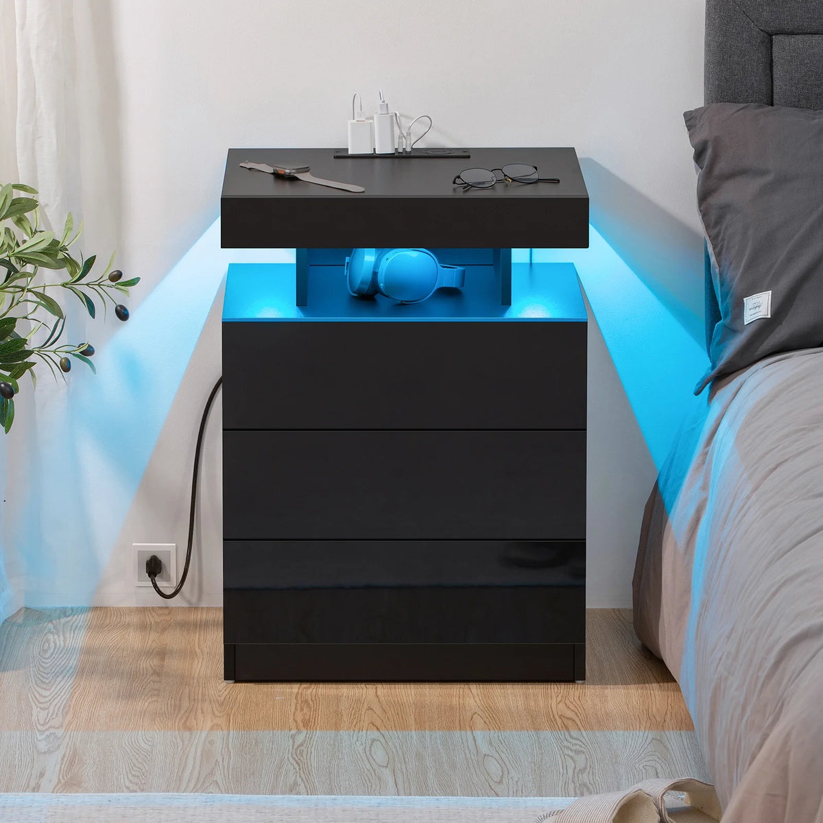 Hommpa LED Nightstand Wireless Charging Station USB Type C Outlets Bedside Table 3 Drawers Black Night - Product image 6