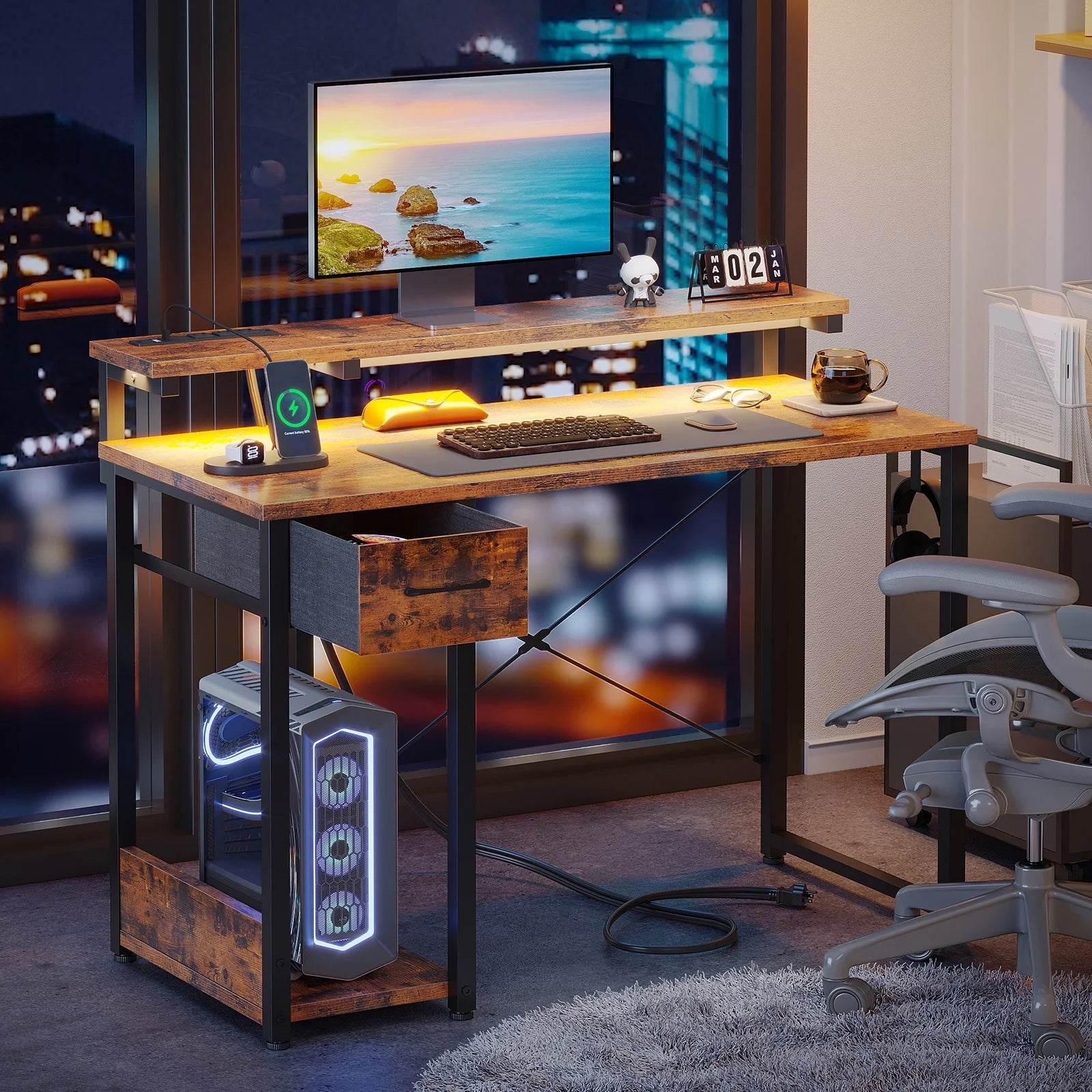40 in Computer Desk with Power Outlets & LED Lights, Home Office Desk with 3 Drawers & Adjustable Monitor - Product image 27