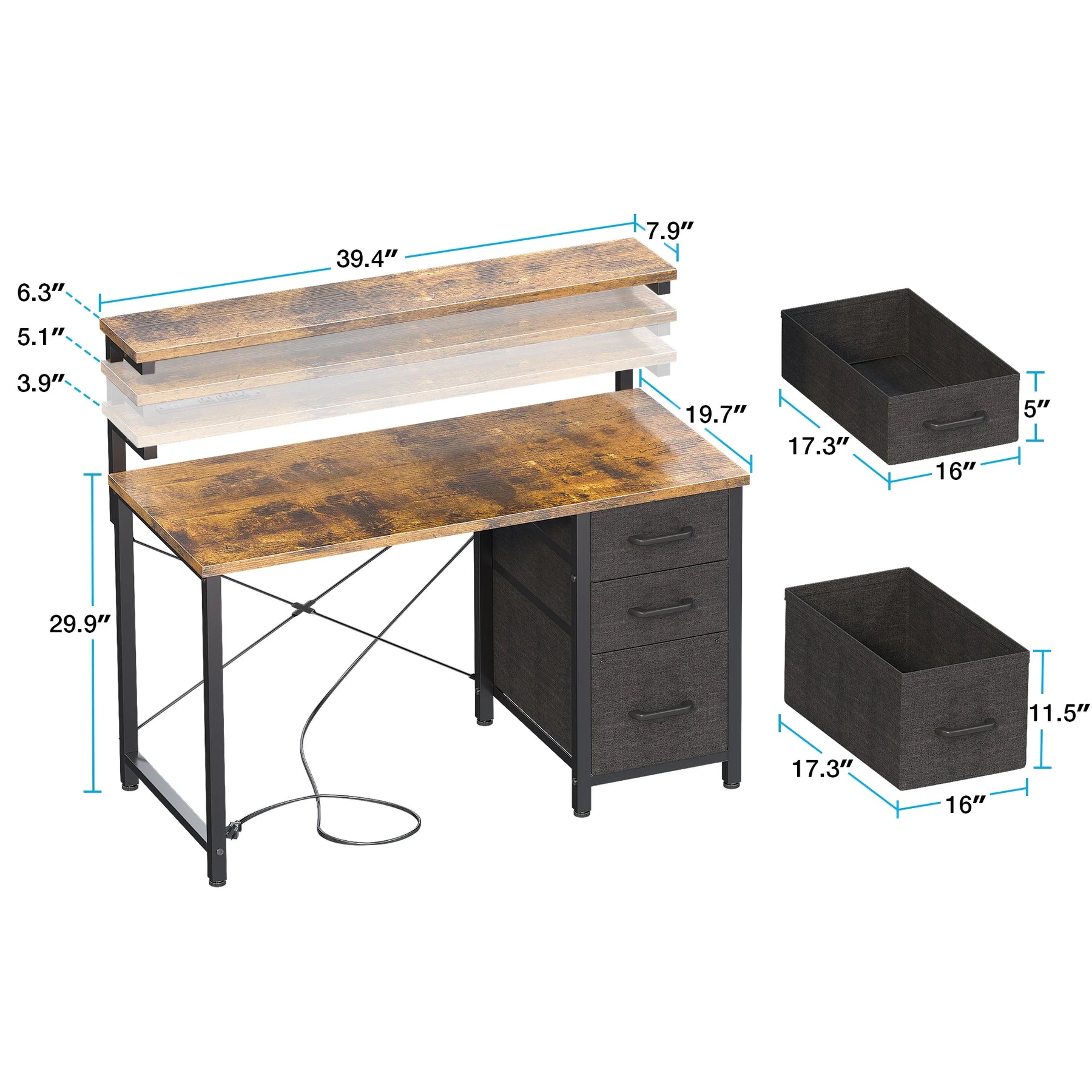 40 in Computer Desk with Power Outlets & LED Lights, Home Office Desk with 3 Drawers & Adjustable Monitor - Product image 11