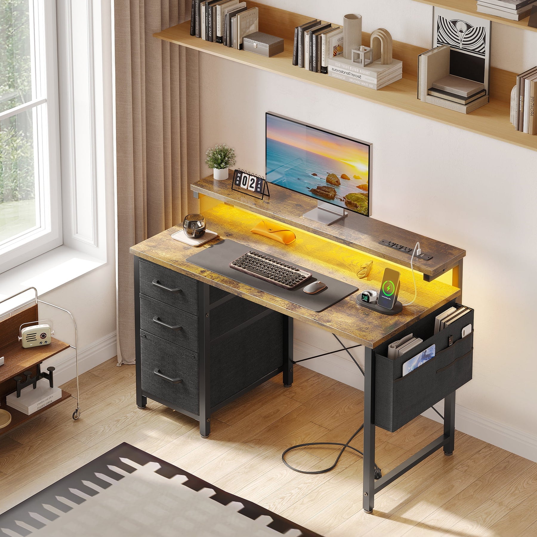 40 in Computer Desk with Power Outlets & LED Lights, Home Office Desk with 3 Drawers & Adjustable Monitor - Product image 2