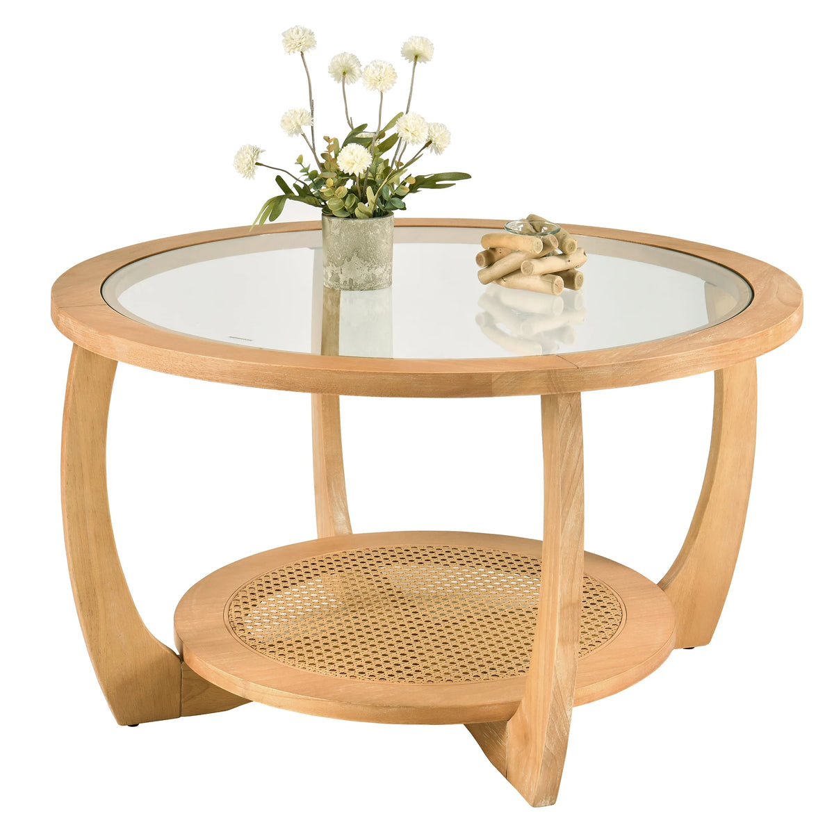 Round Wood Coffee Table with Glass Rattan Top, Wooden Circle Center Table with Curved Legs & Removeable - Product image 11