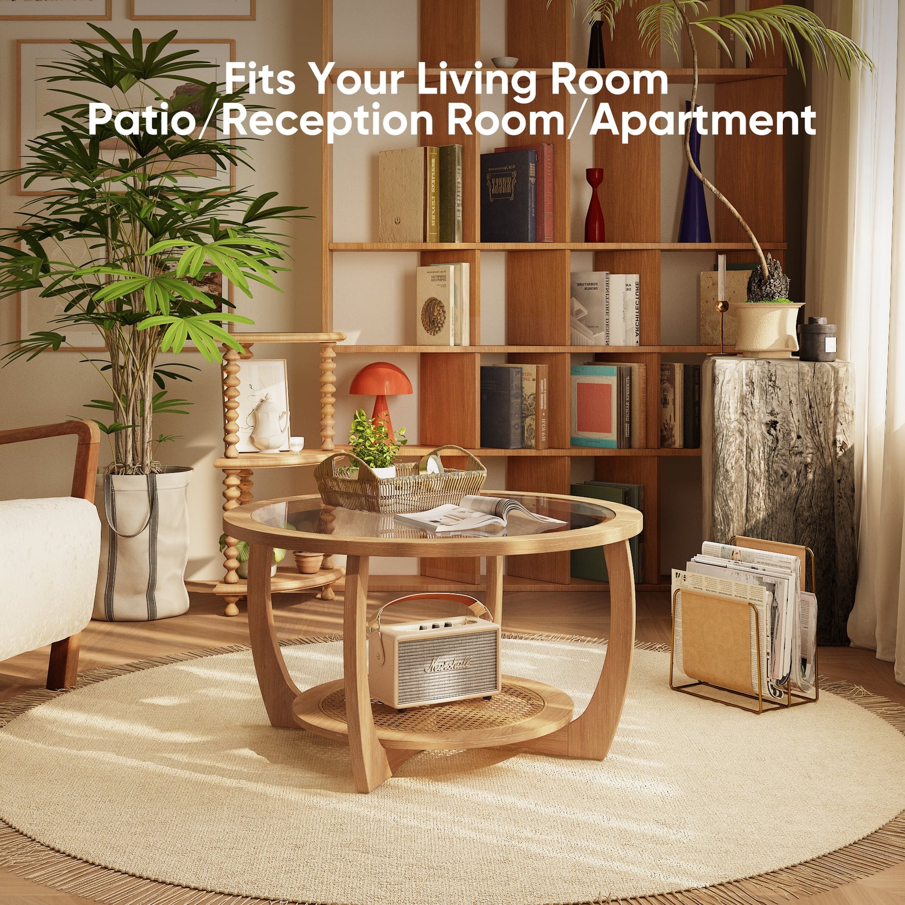 Round Wood Coffee Table with Glass Rattan Top, Wooden Circle Center Table with Curved Legs & Removeable - Product image 14
