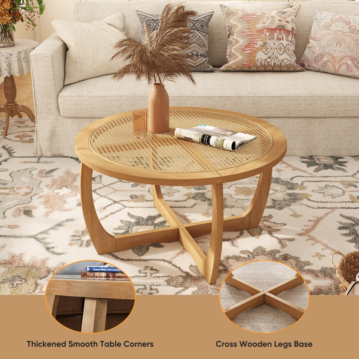 Round Wood Coffee Table with Glass Rattan Top, Wooden Circle Center Table with Curved Legs & Removeable - Product image 22