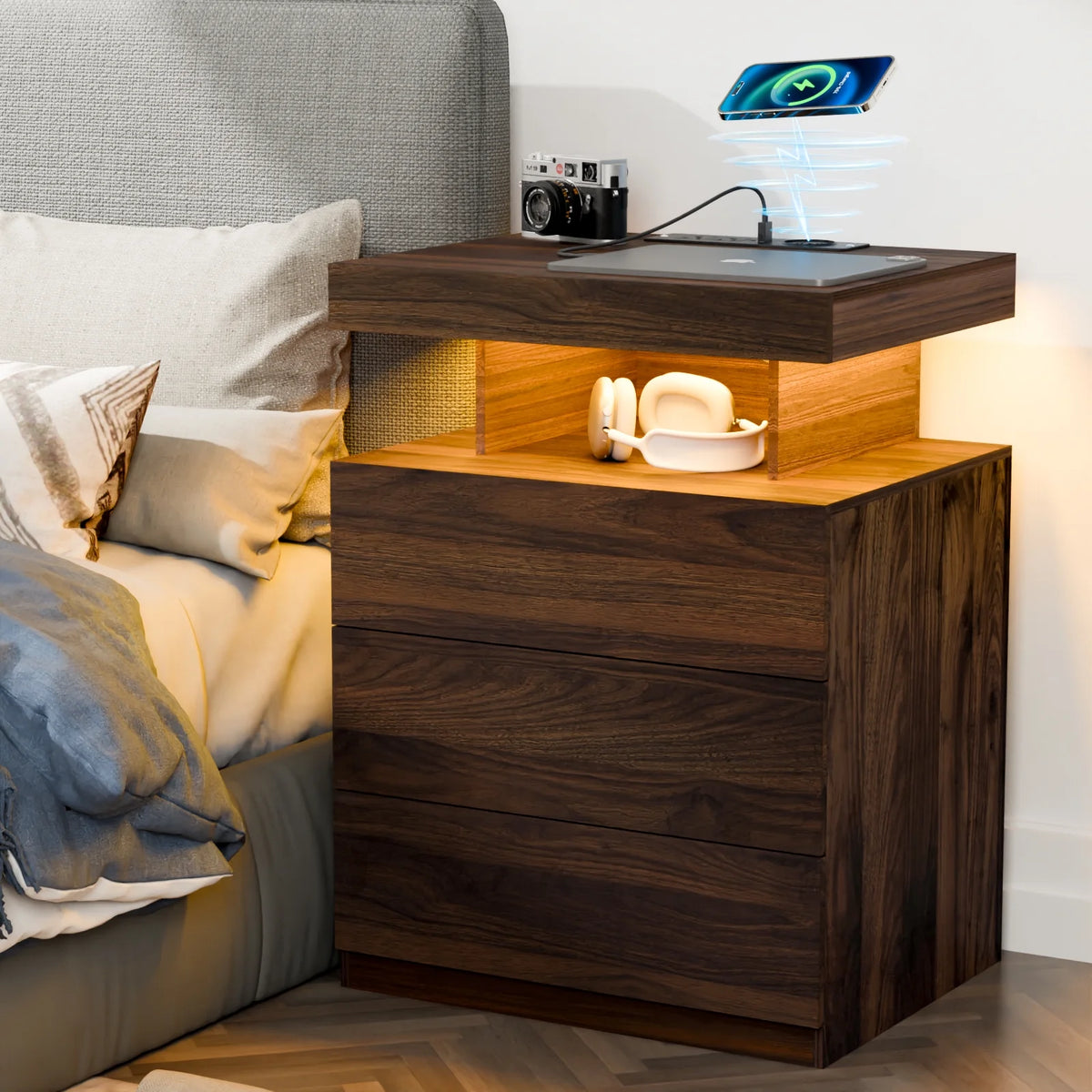 Hommpa LED Nightstand Wireless Charging Station USB Type C Outlets Bedside Table 3 Drawers Black Night - Product image 19