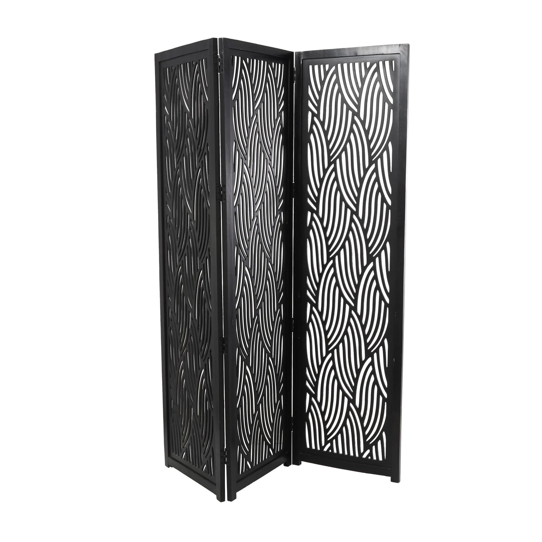 Decmode 60" x 72" Black Mango Wood Abstract Wavy Cutout 3 Panel Room Divider Screen, 1 - Piece