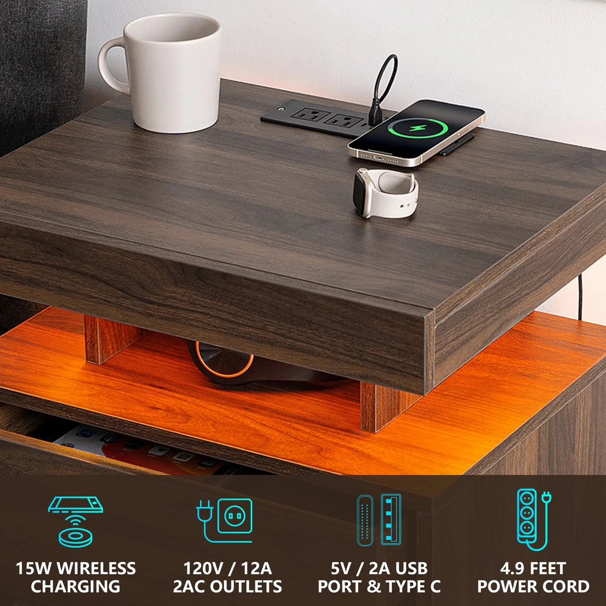 Hommpa LED Nightstand Wireless Charging Station USB Type C Outlets Bedside Table 3 Drawers Black Night - Product image 15