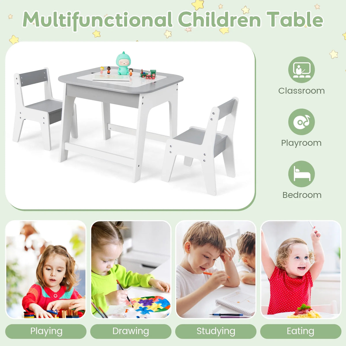 OLAKIDS Kids Table and Chair Set, 3 in 1 Wooden Activity Table with Removable Tabletop, Blackboard and Whiteboard for Toddlers Arts Crafts Drawing Reading Playing, Playroom Nursery (Natural)