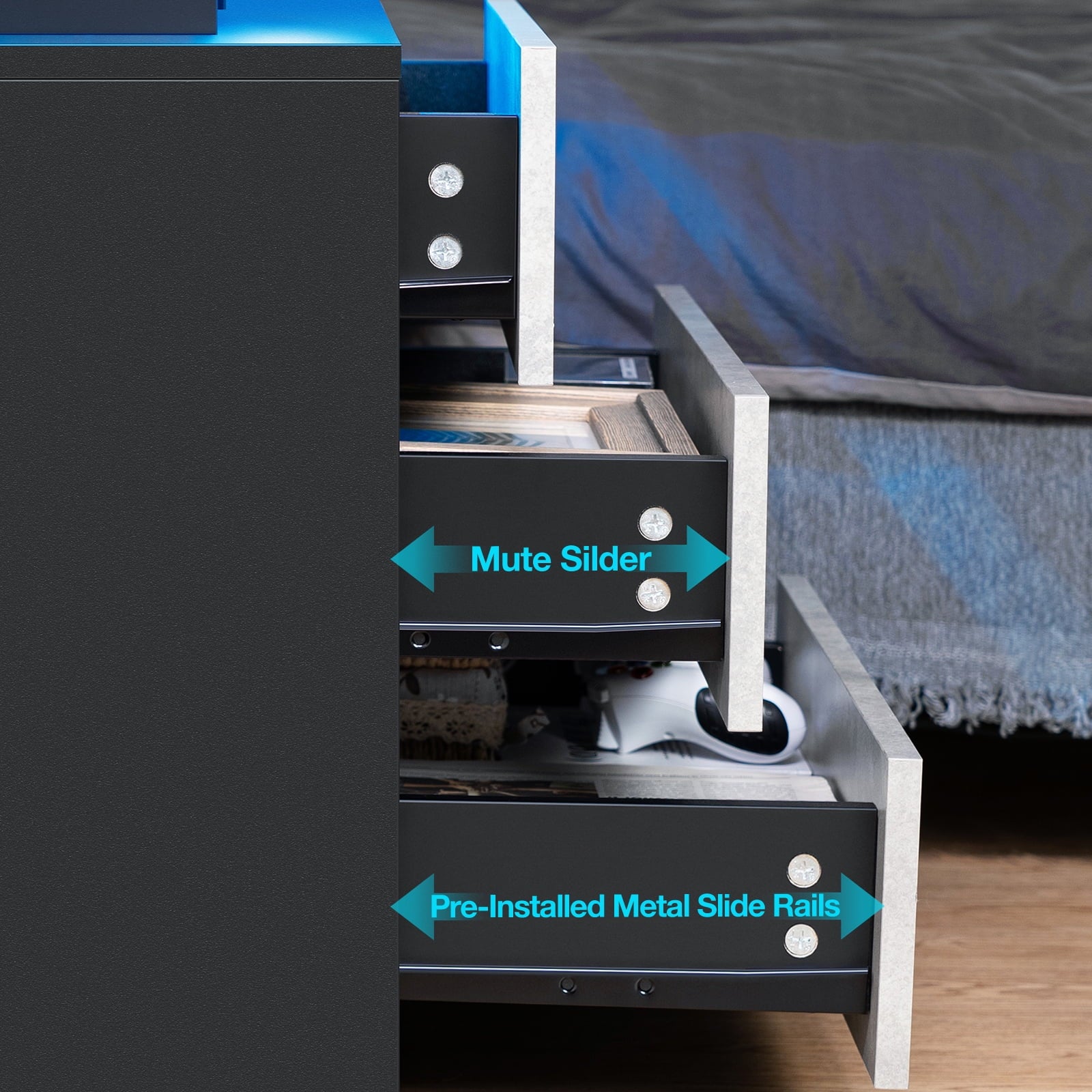 Hommpa LED Nightstand Wireless Charging Station USB Type C Outlets Bedside Table 3 Drawers Black Night - Product image 26