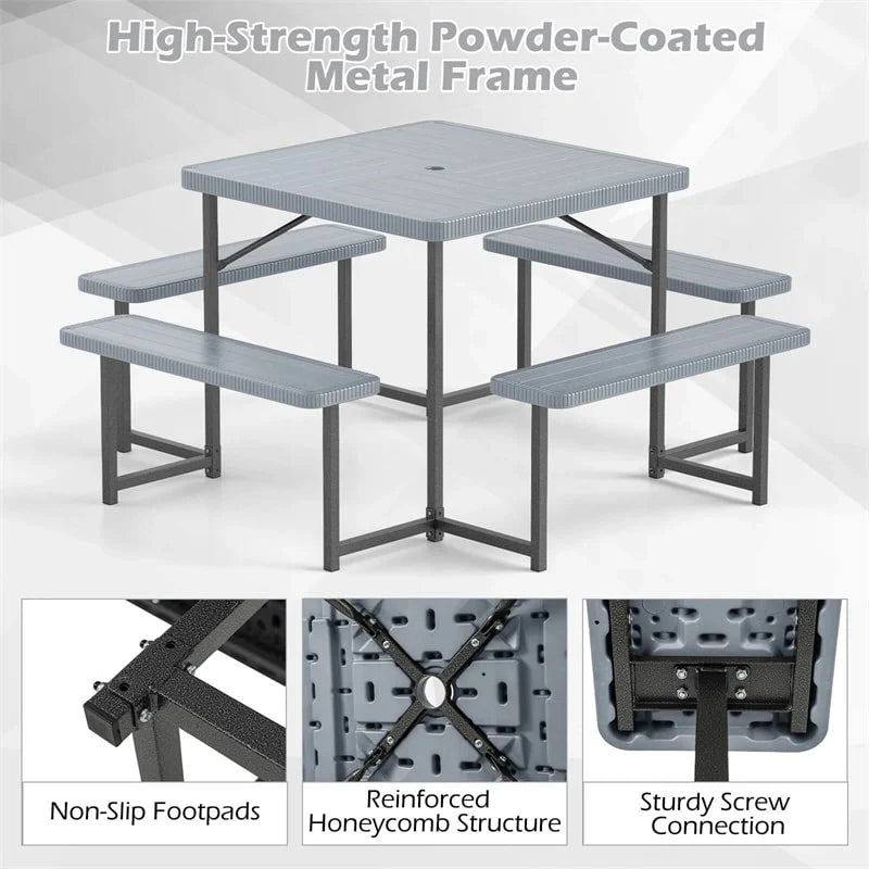 4-8 Person Outdoor Picnic Table Bench Set, All-Weather HDPE Square Dining Table with Umbrella Hole - Product image 30