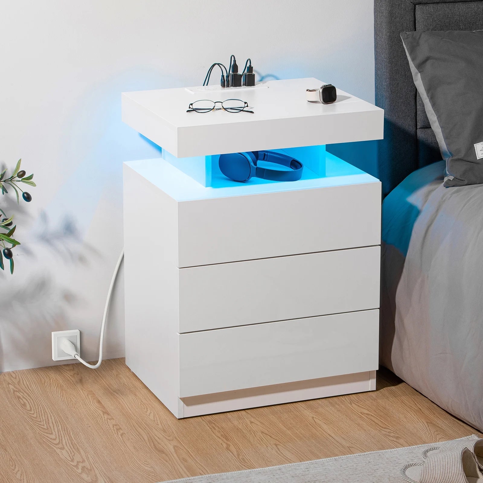 Hommpa LED Nightstand Wireless Charging Station USB Type C Outlets Bedside Table 3 Drawers Black Night - Product image 34
