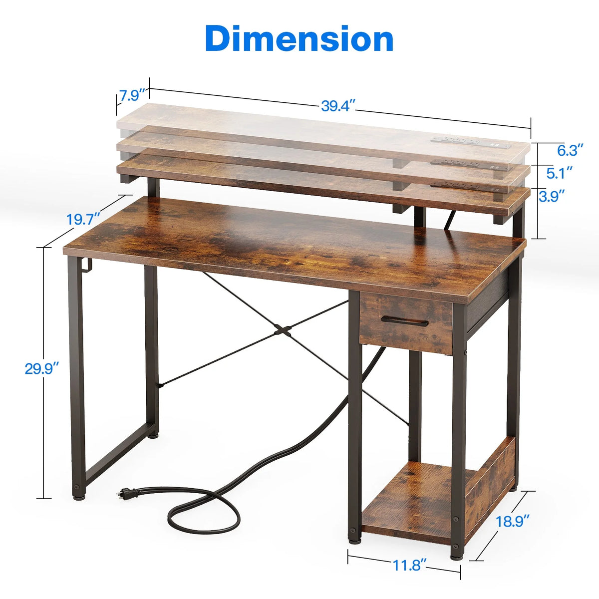 40 in Computer Desk with Power Outlets & LED Lights, Home Office Desk with 3 Drawers & Adjustable Monitor - Product image 30