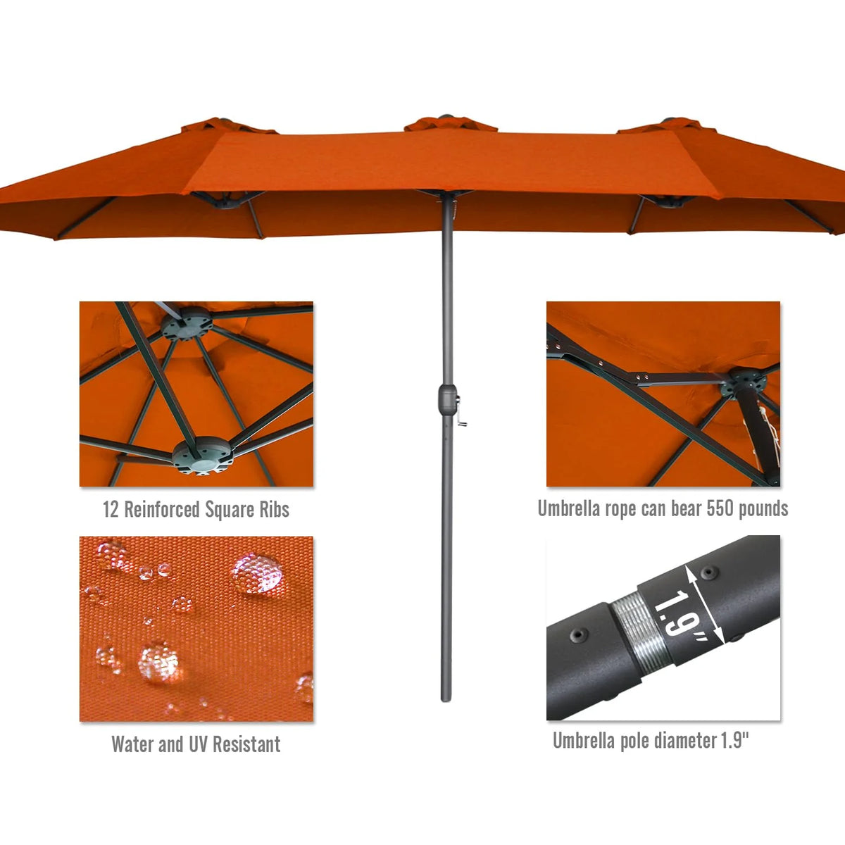 AECOJOY 15x9ft Double-Sided Patio Umbrella, Orange - Product image 6