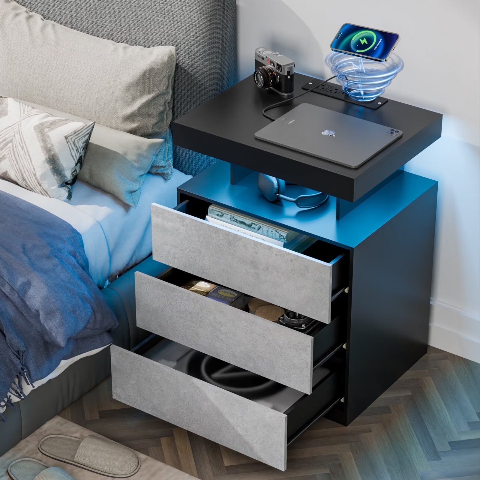 Hommpa LED Nightstand Wireless Charging Station USB Type C Outlets Bedside Table 3 Drawers Black Night - Product image 5