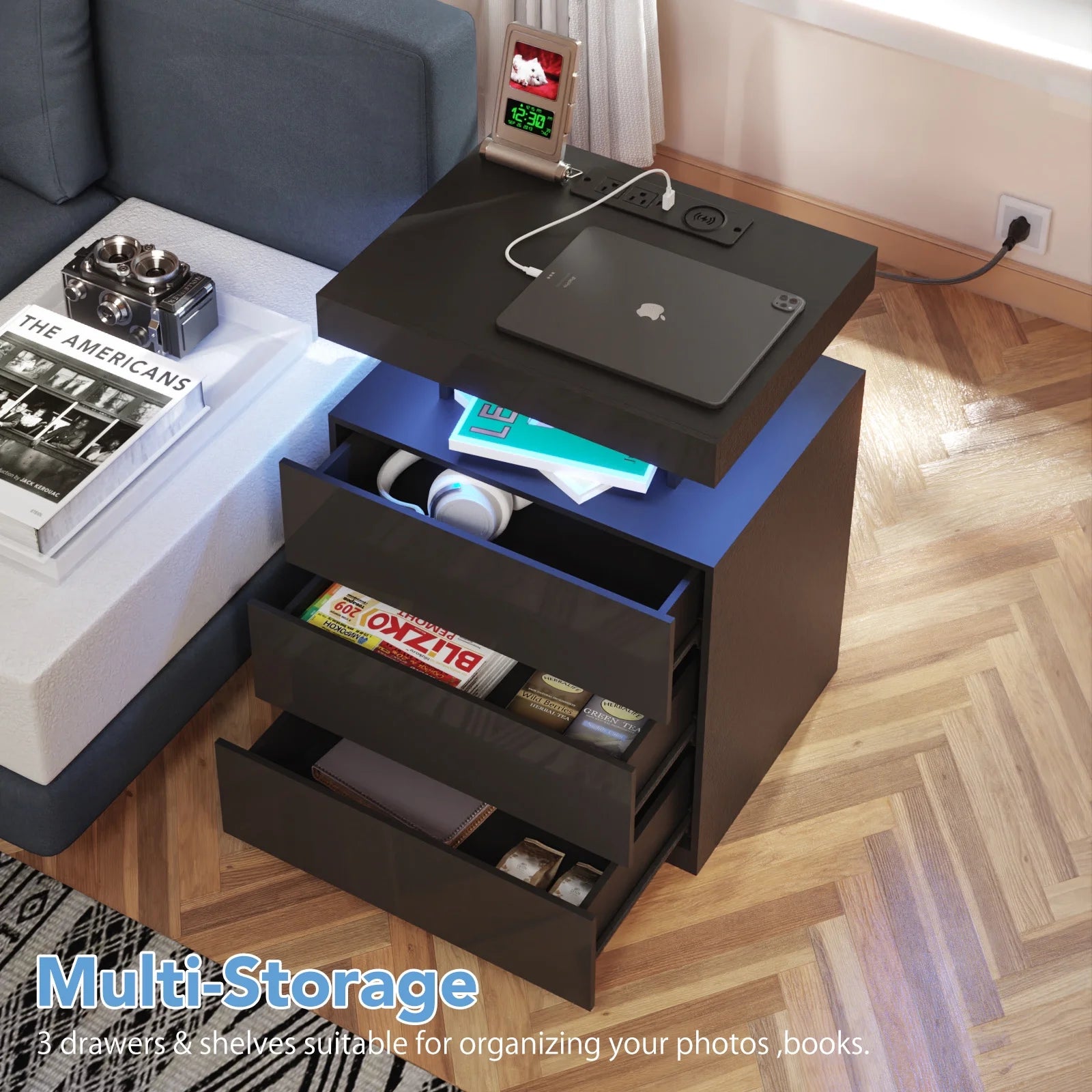 Hommpa LED Nightstand Wireless Charging Station USB Type C Outlets Bedside Table 3 Drawers Black Night - Product image 13