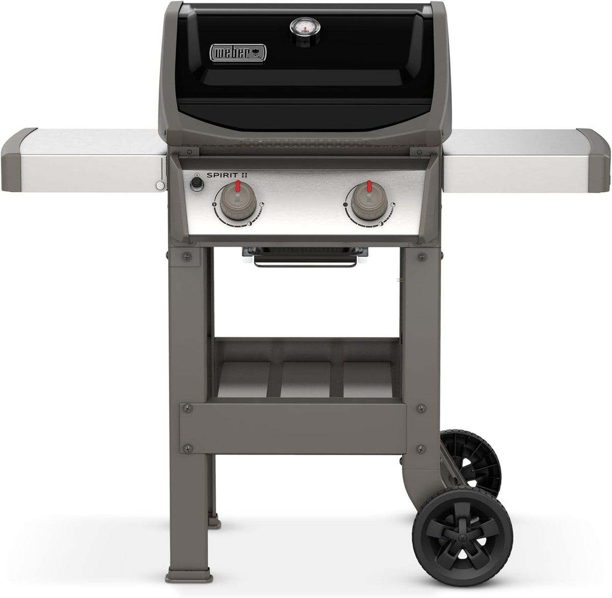 Spirit II E-210 GBS Gas Barbecue, 2 Burners, 51 x 46 cm Cooking Surface, Lid Thermometer, Folding Side Table (Left), 4 Wheels - Black and Silver (44010153)