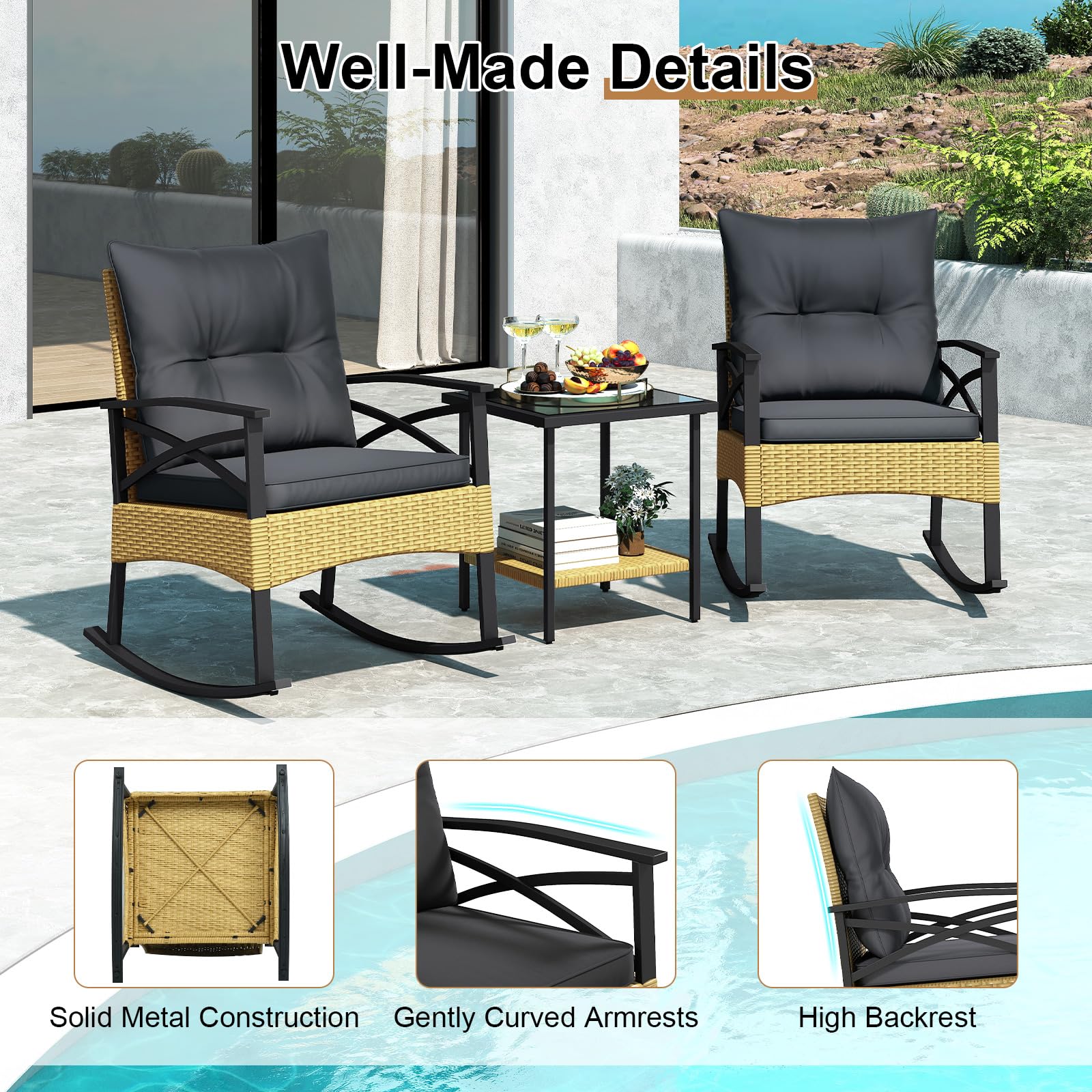 Tangkula 3 Pieces Outdoor Rocking Chairs Set for Garden