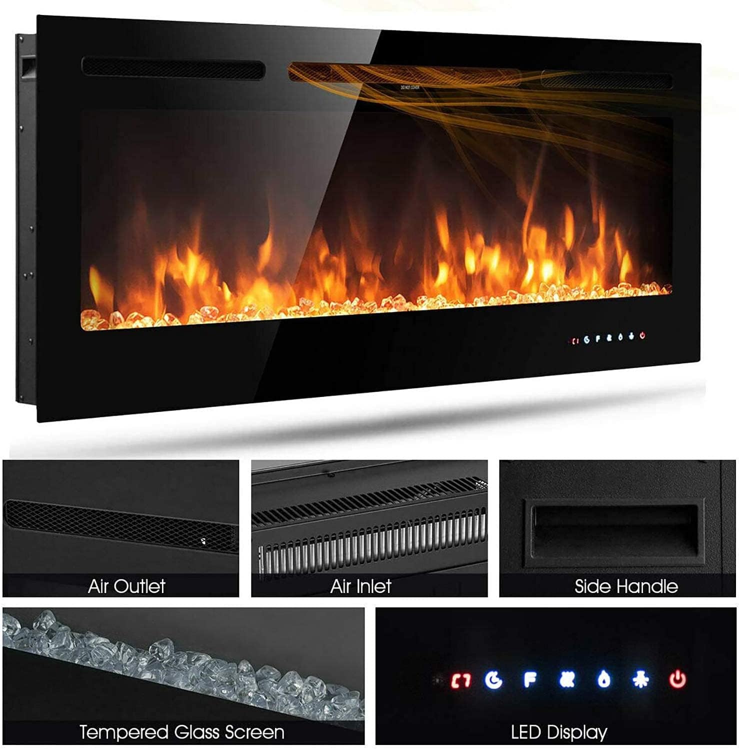 M.C.Haus Electric Fireplace with Touch Screen and Colored Glass Panel for Flame Insert - Wall Heater - Remote Control with Crystal and Logs - 900/1800 W (102 cm, Black)