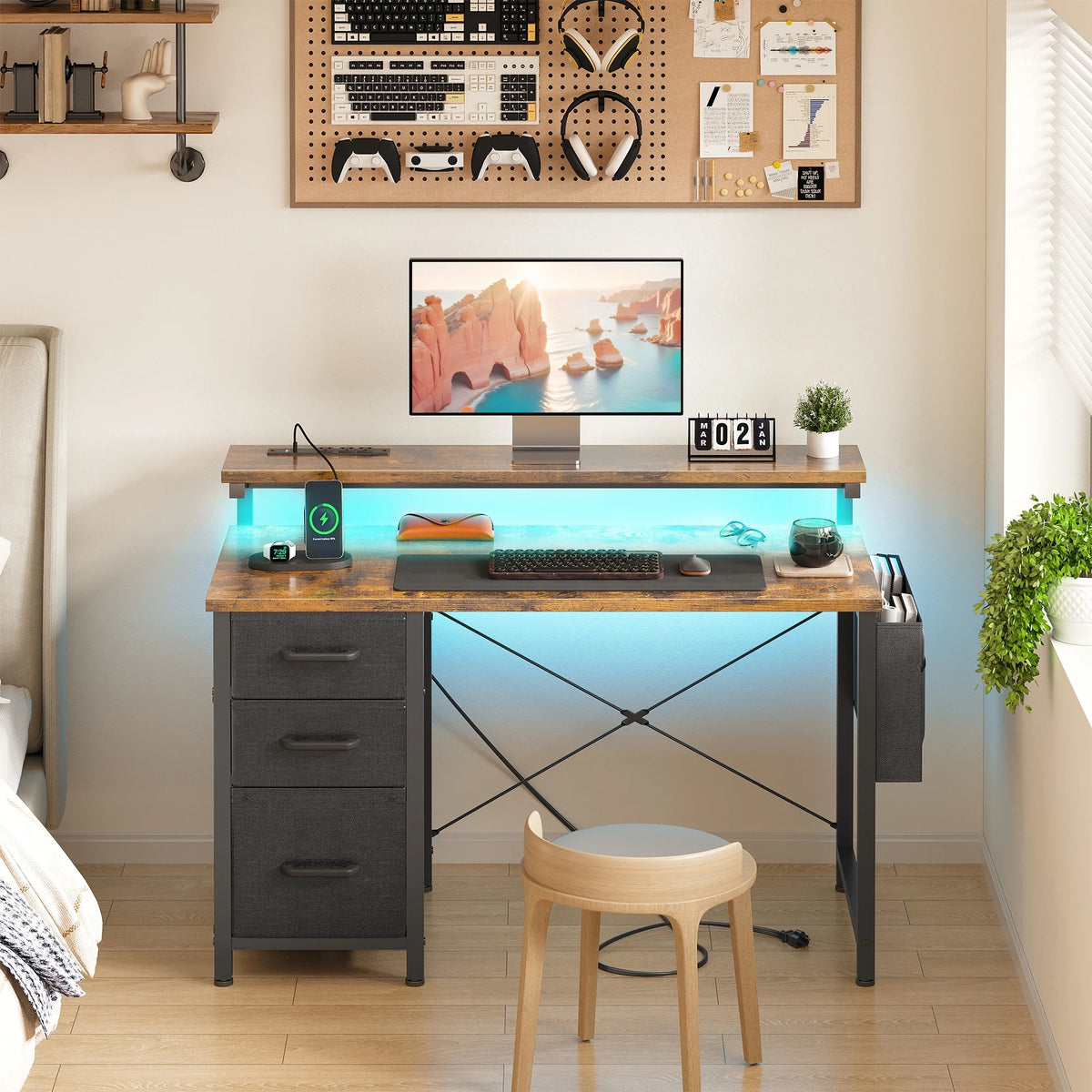 40 in Computer Desk with Power Outlets & LED Lights, Home Office Desk with 3 Drawers & Adjustable Monitor - Product image 8