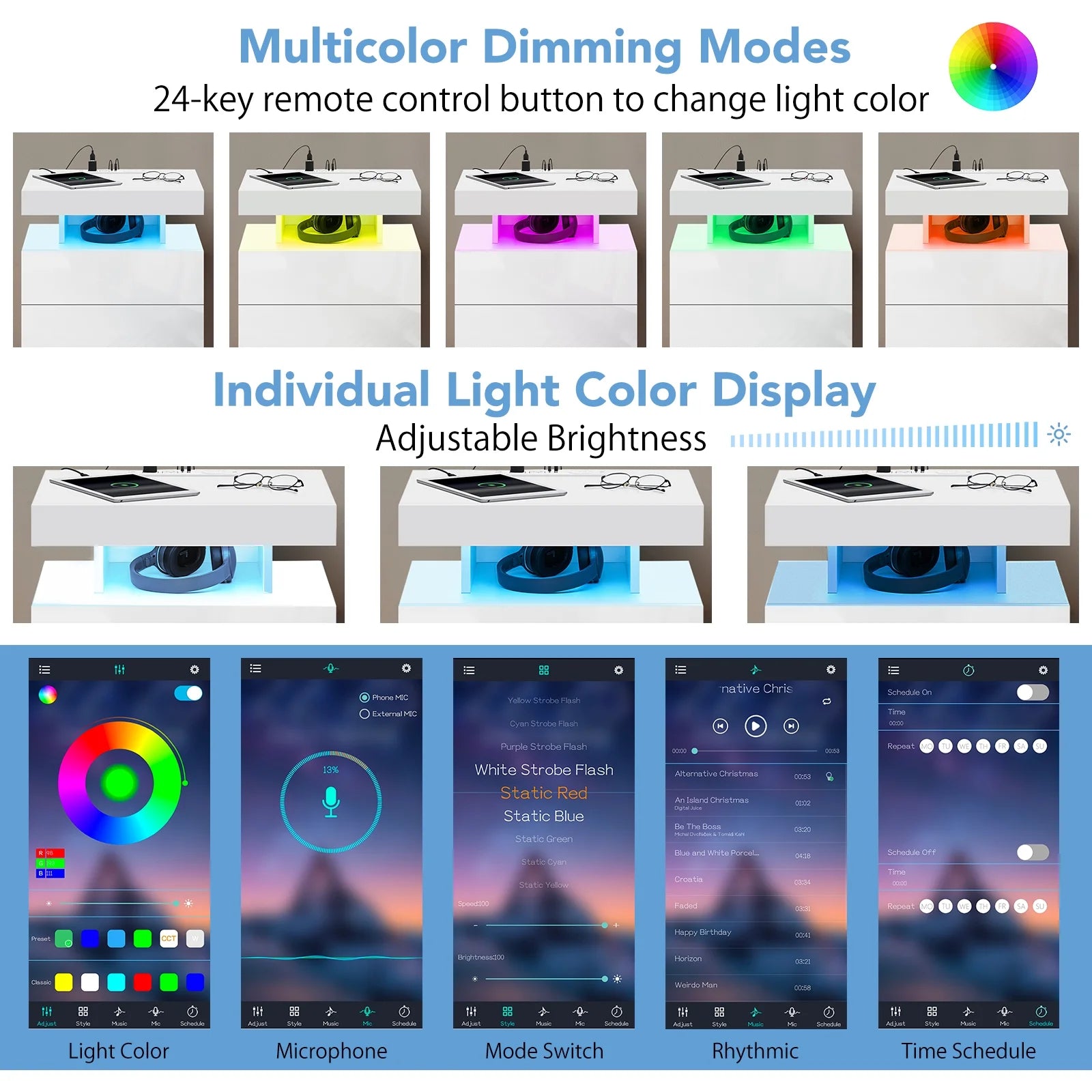 Hommpa LED Nightstand Wireless Charging Station USB Type C Outlets Bedside Table 3 Drawers Black Night - Product image 33