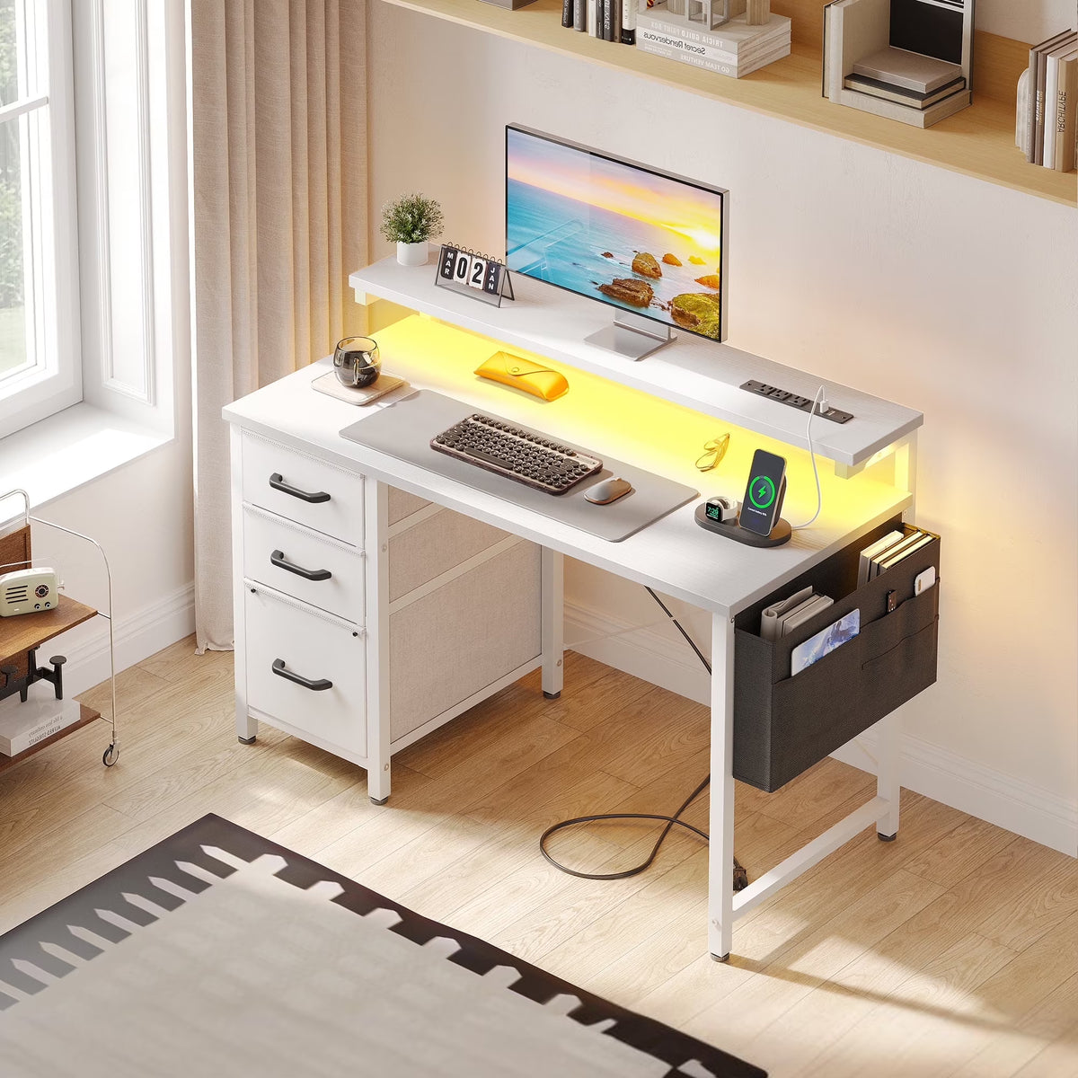 40 in Computer Desk with Power Outlets & LED Lights, Home Office Desk with 3 Drawers & Adjustable Monitor - Product image 5