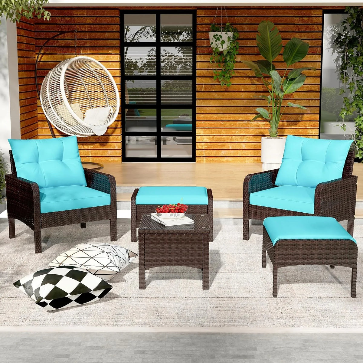 AECOJOY Outdoor 5 Pieces Patio Furniture Set, PE Rattan Wicker Chairs with Ottoman and Table, Brown/Blue - Product image 4
