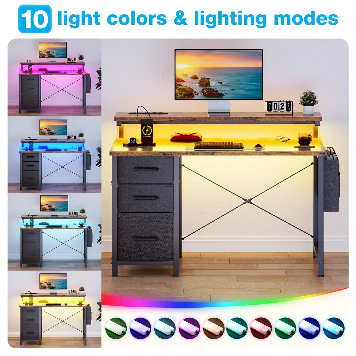 40 in Computer Desk with Power Outlets & LED Lights, Home Office Desk with 3 Drawers & Adjustable Monitor - Product image 12