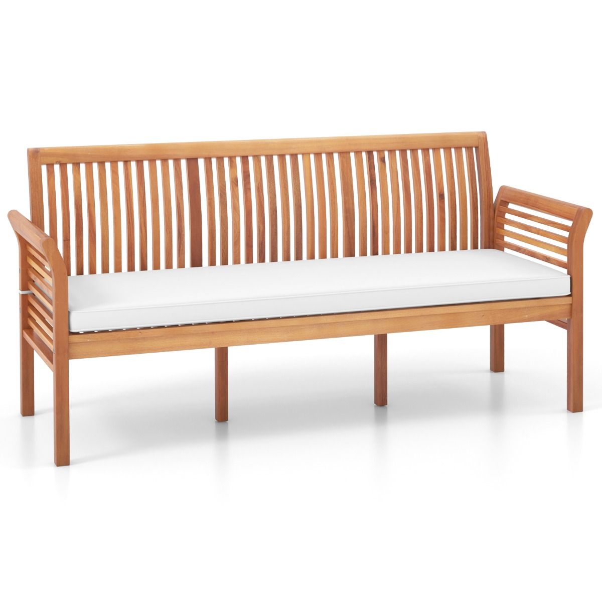3-Seater Wooden Terrace Bench 159 cm Long Acacia Bench with Soft Seat Cushions Ergonomic Backrest and Armrests White -