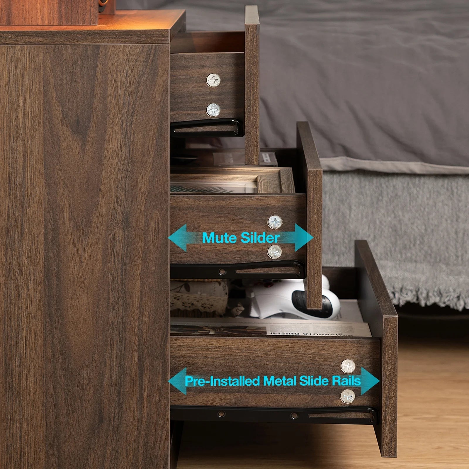 Hommpa LED Nightstand Wireless Charging Station USB Type C Outlets Bedside Table 3 Drawers Black Night - Product image 23