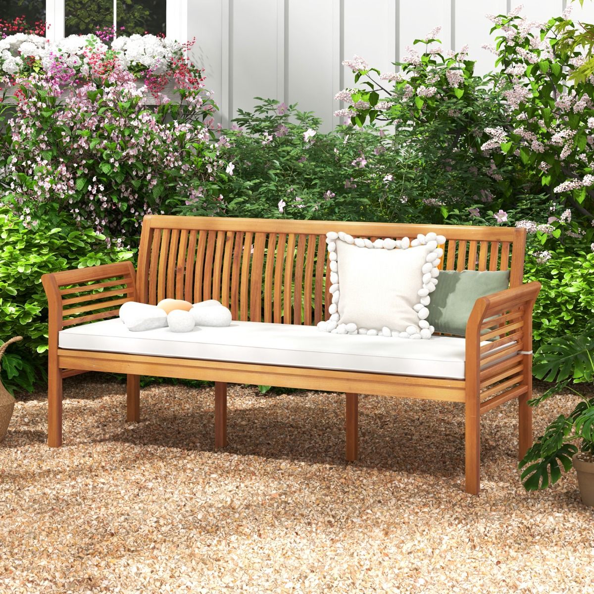 3-Seater Wooden Terrace Bench 159 cm Long Acacia Bench with Soft Seat Cushions Ergonomic Backrest and Armrests White -