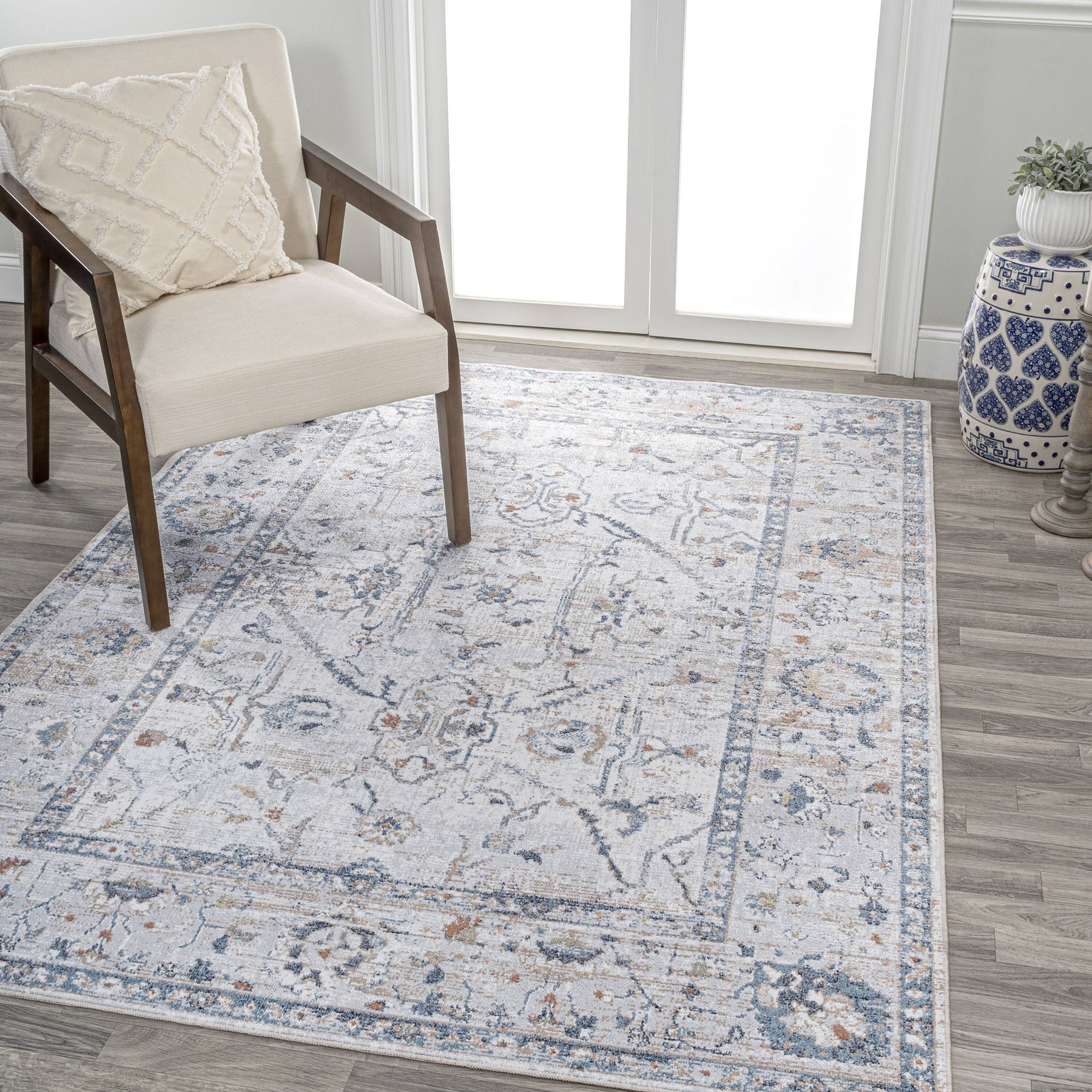 Jonathan Y Brandy Rustic Border Low-Pile Machine-Washable Light Gray/Blue 8 ft. x 10 ft. Area Rug - Product image 1