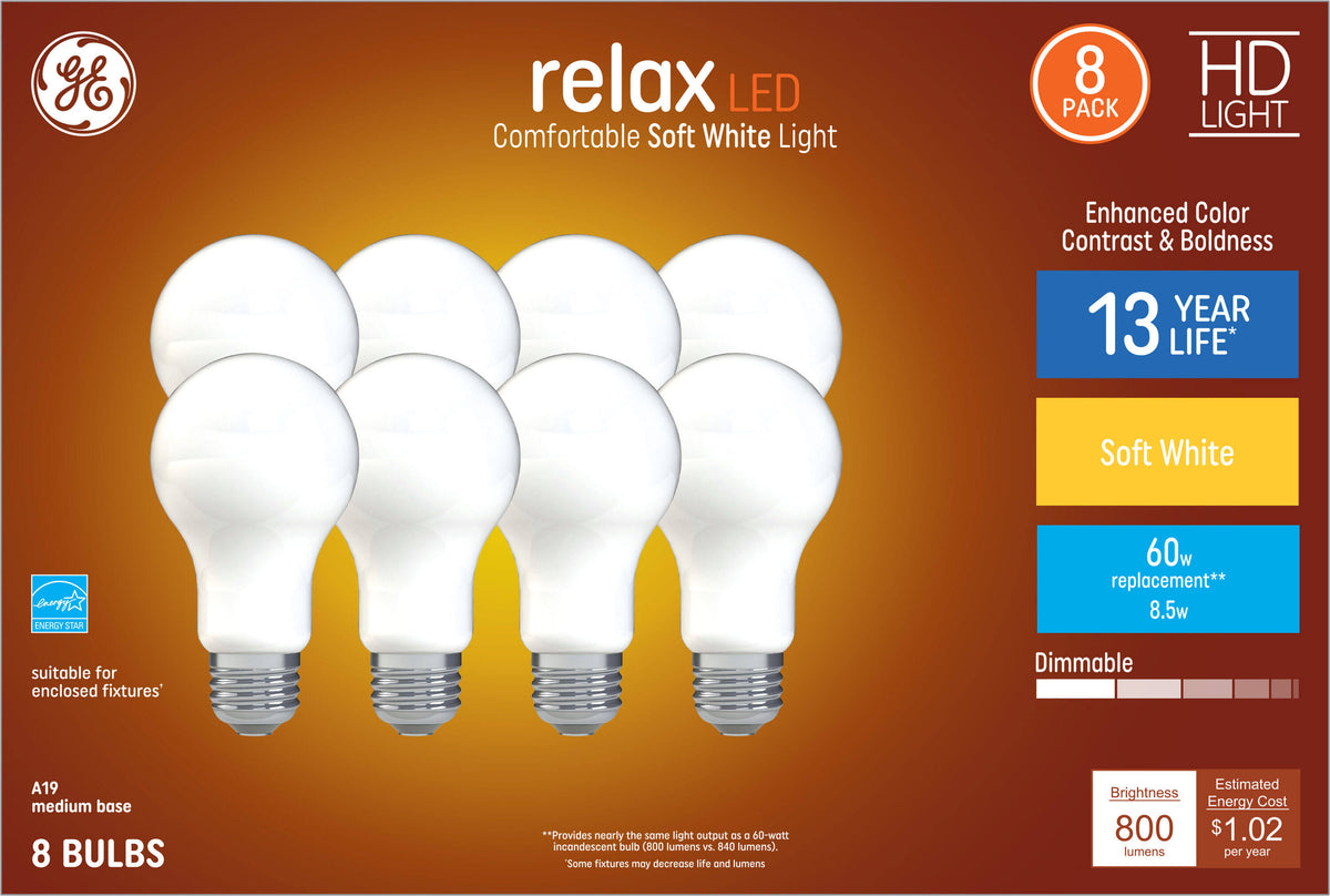 GE Relax 8-Pack 60 W Equivalent Dimmable Warm White A19 LED Light Fixture Light Bulbs - Product image 1