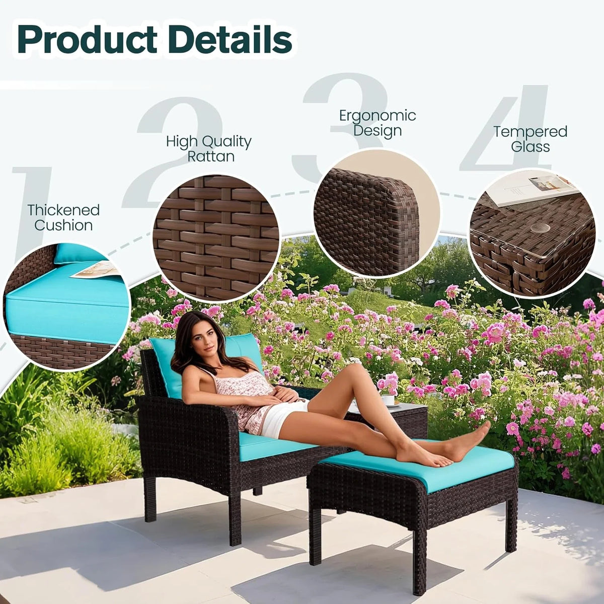 AECOJOY Outdoor 5 Pieces Patio Furniture Set, PE Rattan Wicker Chairs with Ottoman and Table, Brown/Blue - Product image 3