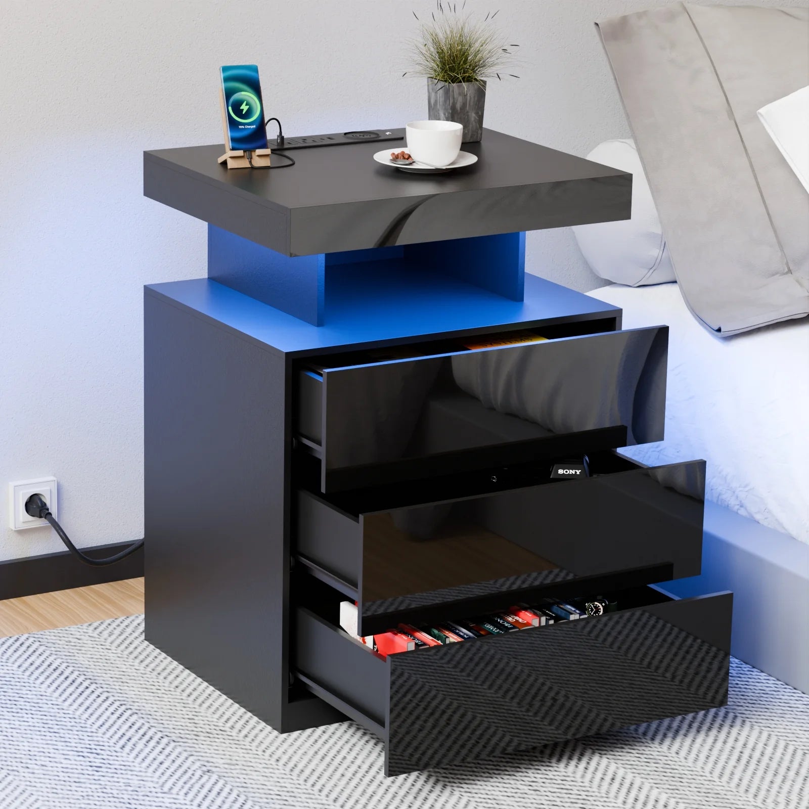 Hommpa LED Nightstand Wireless Charging Station USB Type C Outlets Bedside Table 3 Drawers Black Night - Product image 11