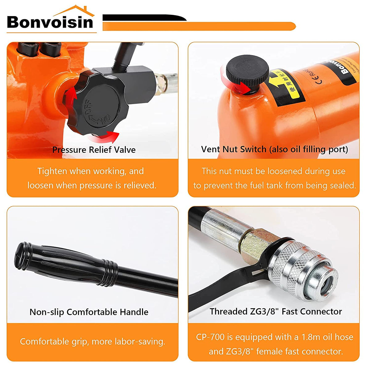 Bonvoisin CP-700 Manual Hydraulic Pump with High Pressure Gauge 700 kg/cm² Oil Content 900cc for Hydraulic Tools