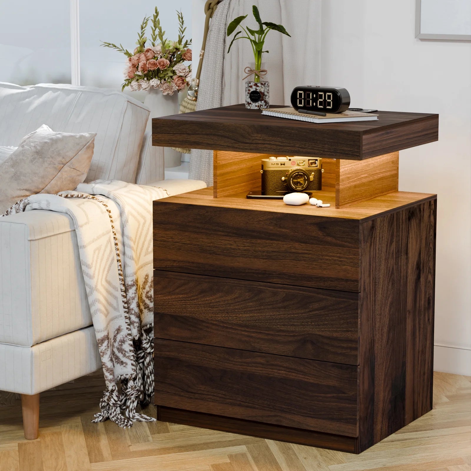 Hommpa LED Nightstand Wireless Charging Station USB Type C Outlets Bedside Table 3 Drawers Black Night - Product image 18