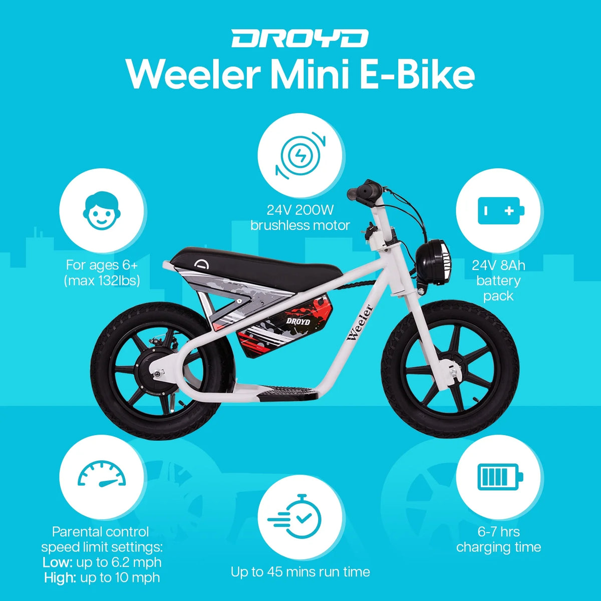 Droyd Weeler Electric Mini Bike - 24V 8ah Battery, 6 - 10 MPH, up to 8 Miles, LED Lights, Kids Ages 6+ - Product image 4