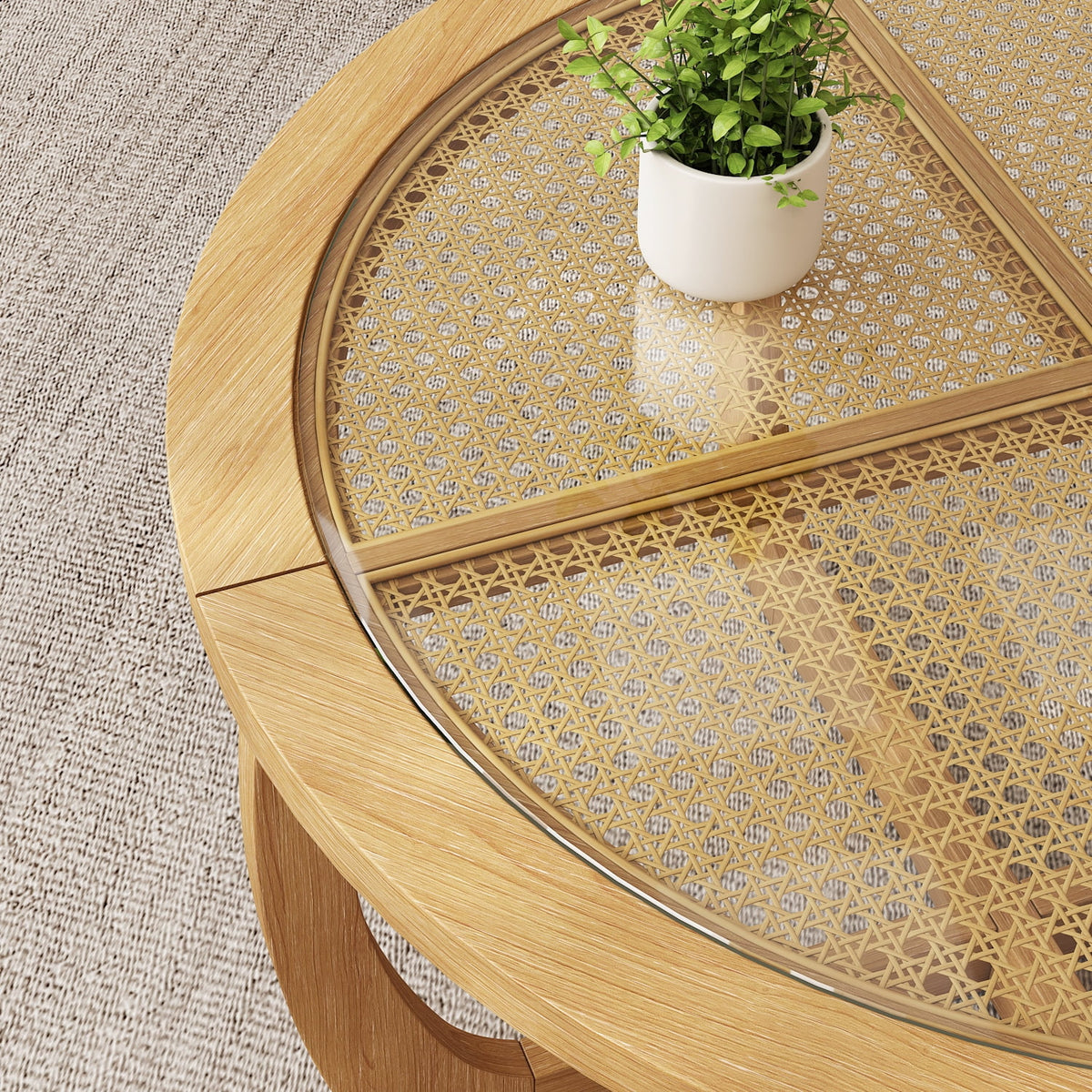 Round Wood Coffee Table with Glass Rattan Top, Wooden Circle Center Table with Curved Legs & Removeable - Product image 10
