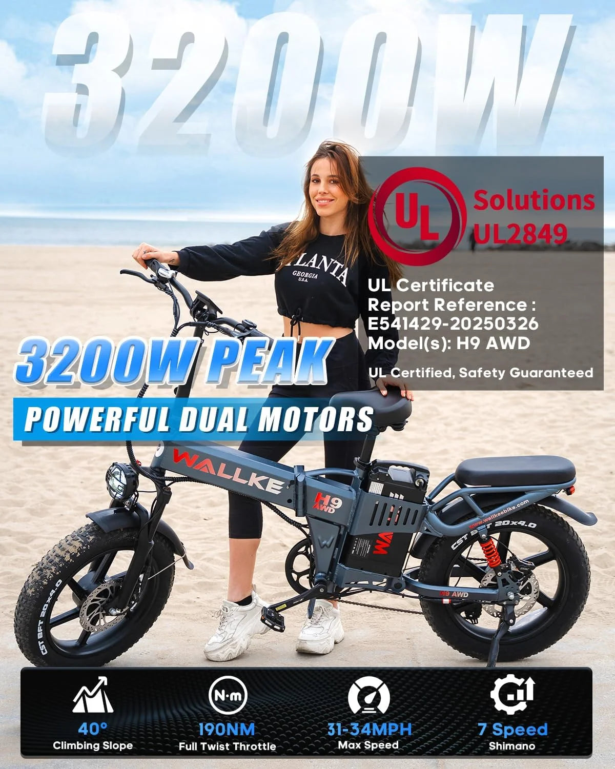 Wallke H9 AWD 3200W Dual Motor Electric Bike for Adult, 82ah 48V Dual Battery Long Range E - Bicycle, 31 - Product image 2