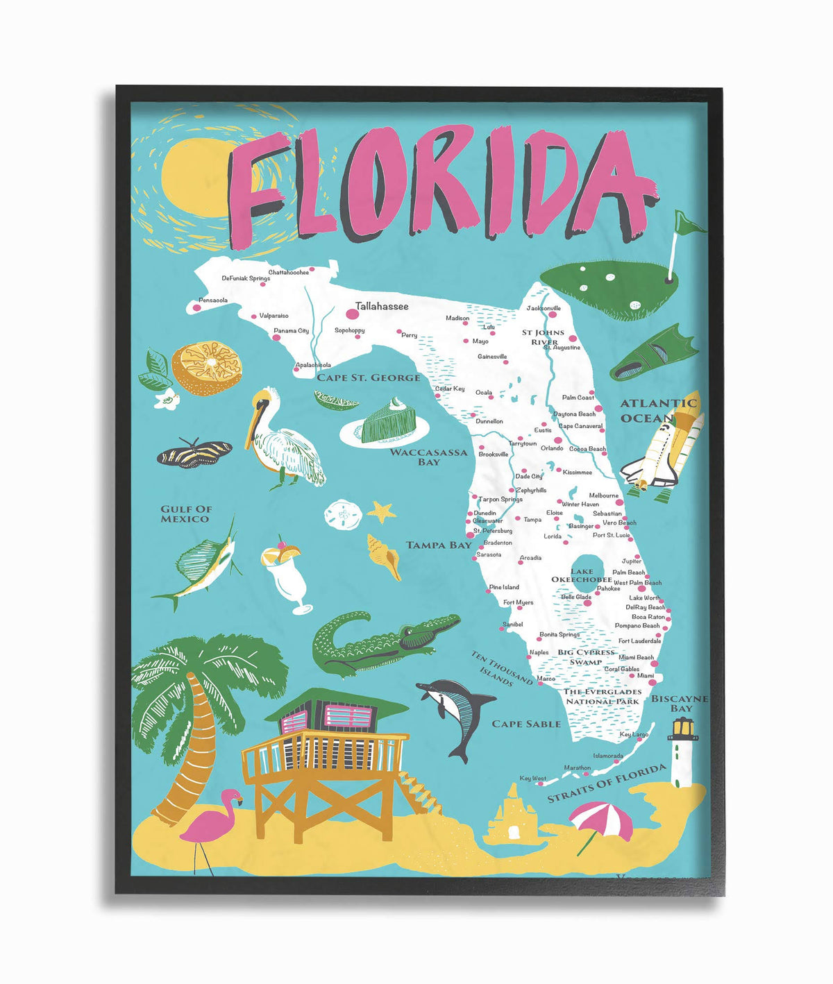The Stupell Home Decor Collection Florida Teal Blue and Pink Illustrated scenic Map Poster Framed Giclee - Product image 1