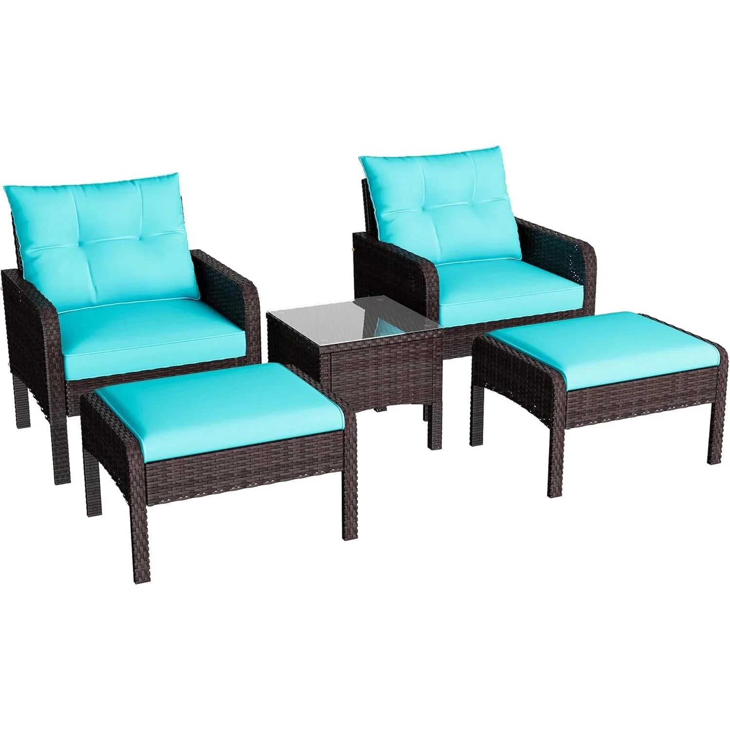 AECOJOY Outdoor 5 Pieces Patio Furniture Set, PE Rattan Wicker Chairs with Ottoman and Table, Brown/Blue - Product image 1