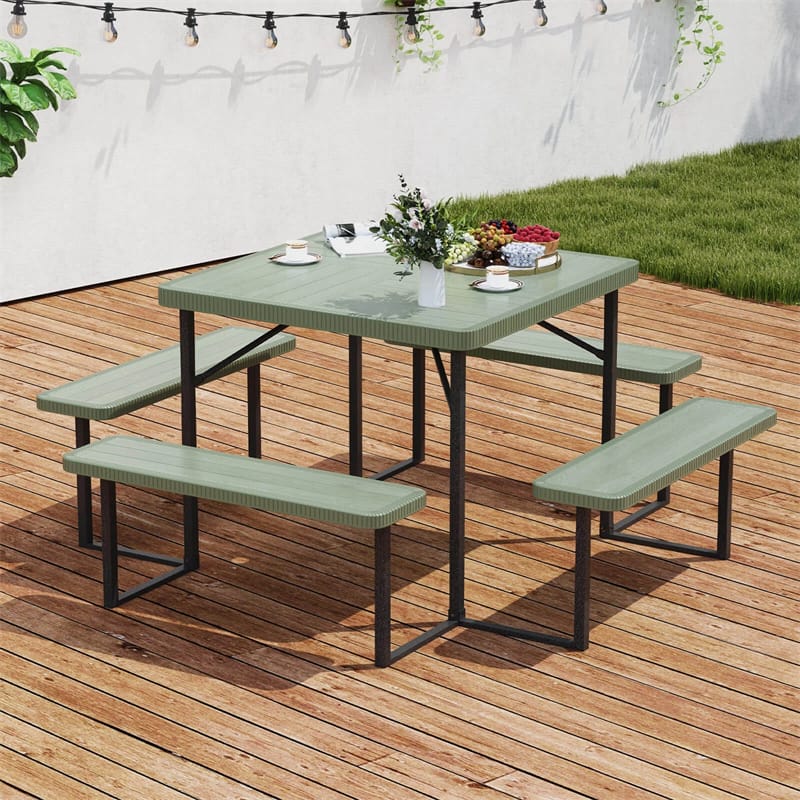 4-8 Person Outdoor Picnic Table Bench Set, All-Weather HDPE Square Dining Table with Umbrella Hole