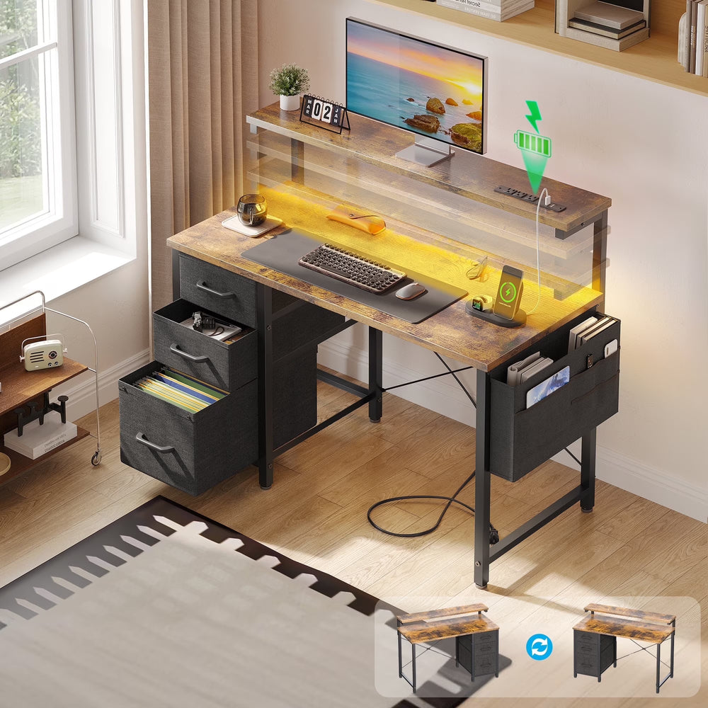 40 in Computer Desk with Power Outlets & LED Lights, Home Office Desk with 3 Drawers & Adjustable Monitor Shelf