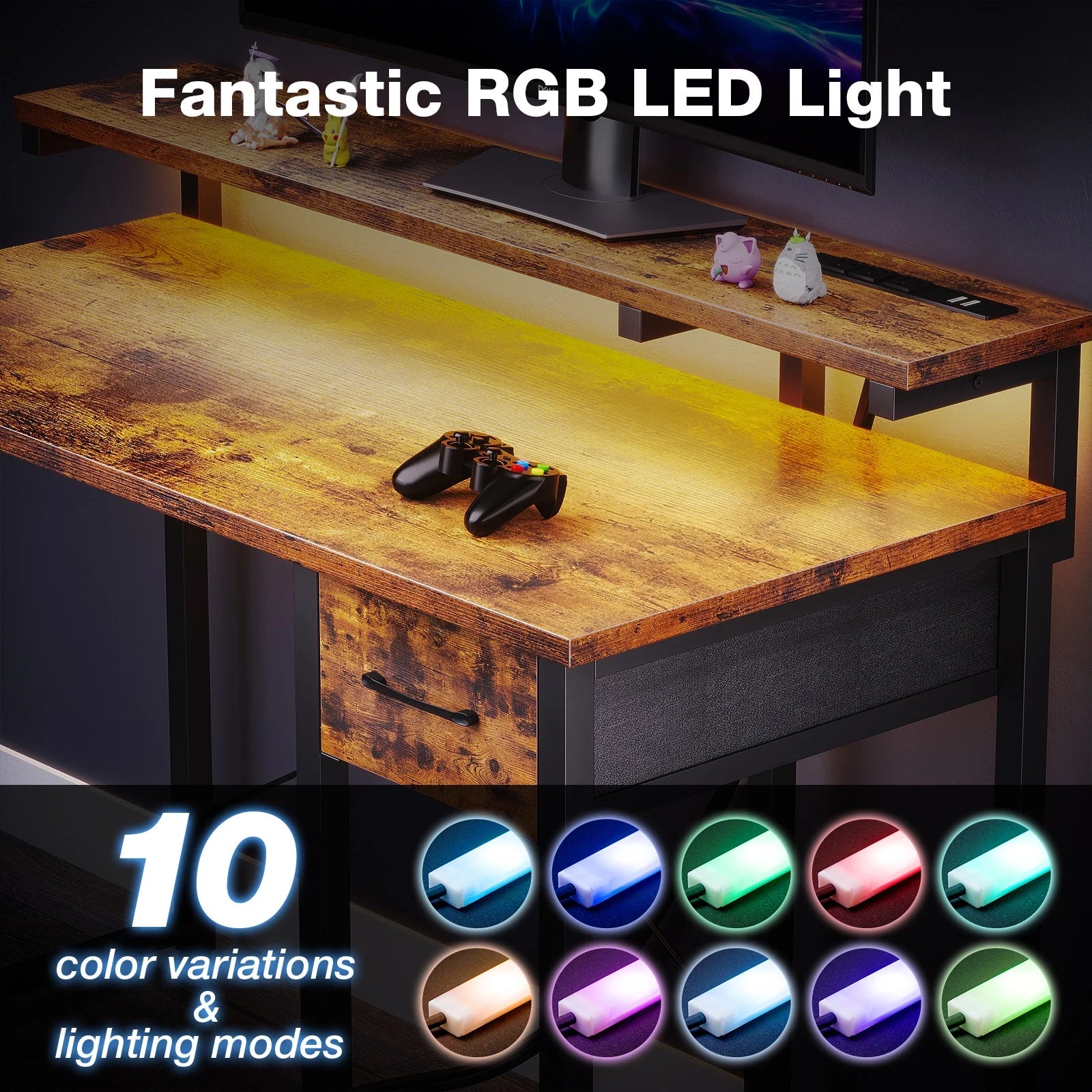 40 in Computer Desk with Power Outlets & LED Lights, Home Office Desk with 3 Drawers & Adjustable Monitor - Product image 29